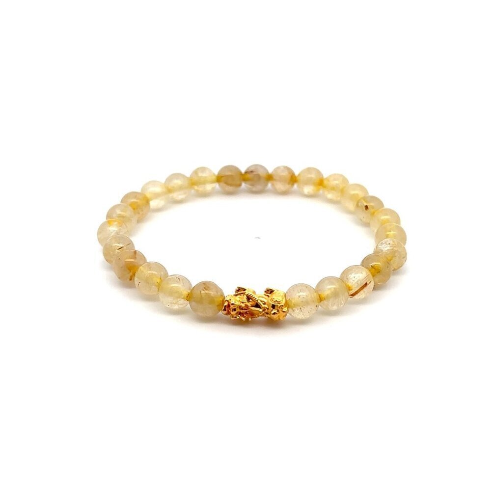 18k Gold Dragon Pixiu Piyao Lucky Charm Bracelet Gemstones Rutilated Quartz 6mm